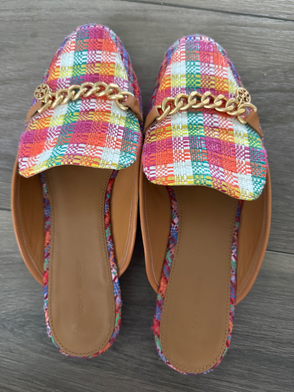 Tory Burch Multicolor Plaid Chain-Trim Women’s Slip-On Mule-size 10